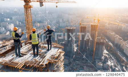 Group of construction workers wearing helmets and vests holding tools. for labor and building themes. 129840475