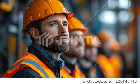 Group of construction workers wearing helmets and vests holding tools. for labor and building themes. 129840489