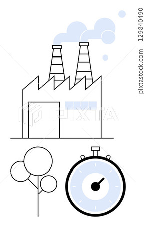 Factory with chimneys emitting smoke tree stopwatch. Ideal for pollution, environment, time management, sustainability, industrialization, urgency, efficiency themes. Line metaphor 129840490