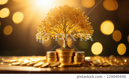 golden tree with shimmering leaves growing from pile of coins, symbolizing wealth and prosperity 129840498