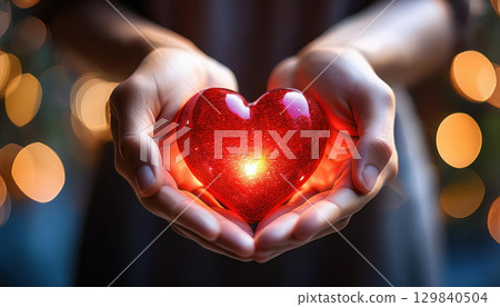 pair of hands gently holding glowing red heart, symbolizing love and warmth 129840504