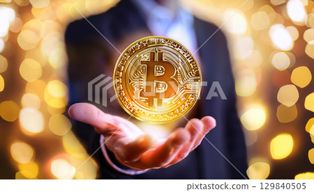 person hand holds glowing golden coin with symbol, representing luck 129840505