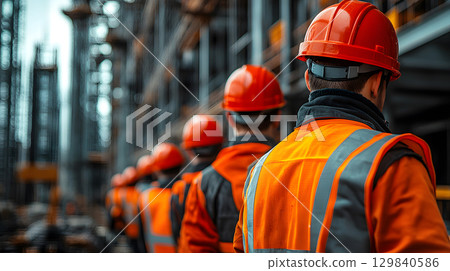 Group of construction workers wearing helmets and vests holding tools. for labor and building themes. 129840586
