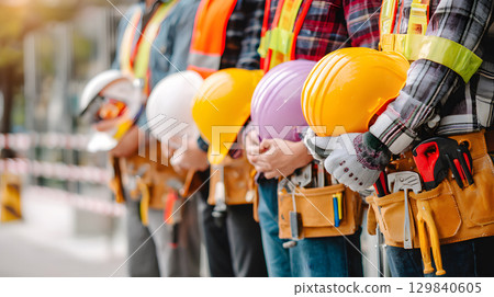 Group of construction workers wearing helmets and vests holding tools. for labor and building themes. Group of construction workers wearing helmets and vests holding tools. for labor and building themes. 129840605
