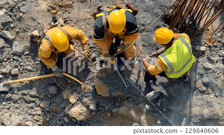 Group of construction workers wearing helmets and vests holding tools. for labor and building themes. 129840606