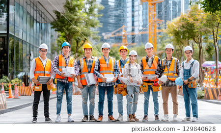 Group of construction workers wearing helmets and vests holding tools. for labor and building themes. 129840628
