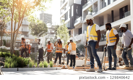 Group of construction workers wearing helmets and vests holding tools. for labor and building themes. 129840642