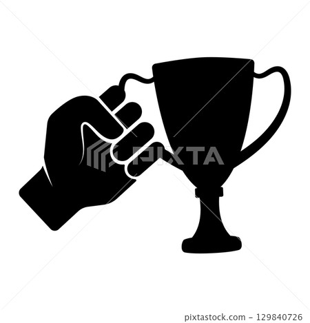 Hand Holding Trophy Cup Silhouette Vector Illustration. A hand firmly holding a trophy cup. The design symbolizes victory, achievement and success. Hand Holding Trophy Cup Silhouette Vector Illustration. A hand firmly holding a trophy cup. The design symbolizes victory, achievement and success. 129840726