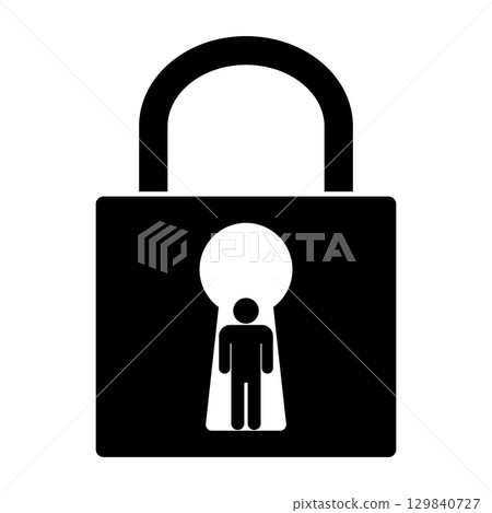 Locked Padlock with Human Figure in Keyhole Vector Silhouette Illustration. Inside the body of the lock, a human figure silhouette. 129840727