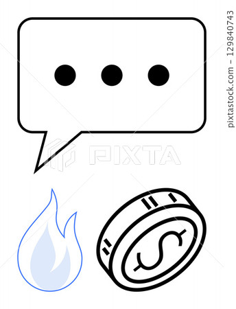 Chat bubble with three dots, a flame, and a coin with dollar sign. Ideal for finance, communication, urgency, business, transactions economics investment. Line metaphor Chat bubble with three dots, a flame, and a coin with dollar sign. Ideal for finance, communication, urgency, business, transactions economics investment. Line metaphor 129840743