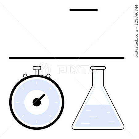 Stopwatch and conical flask, key tools in scientific research and time measurement. Ideal for education, science, research, chemistry, time management, accuracy themes. Line metaphor 129840744