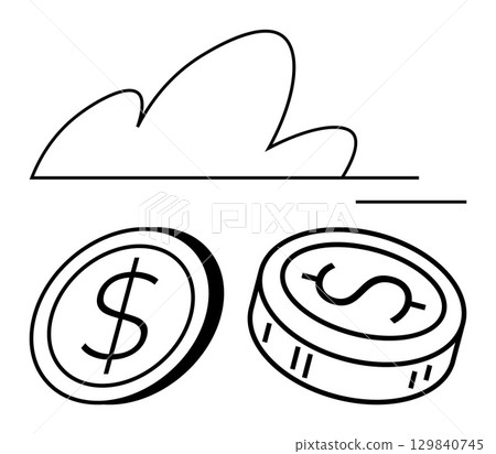 Cloud shape above two currency coins with dollar symbols. Ideal for digital finance, cloud storage, fintech, money management, digital transactions, investment, and tech innovation. Line metaphor Cloud shape above two currency coins with dollar symbols. Ideal for digital finance, cloud storage, fintech, money management, digital transactions, investment, and tech innovation. Line metaphor 129840745
