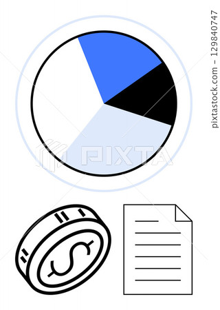 Pie chart with three segments in black, blue, and light blue, beside a dollar coin and a lined document. Ideal for business, finance, accounting, budgeting data analysis investment reporting. Line 129840747