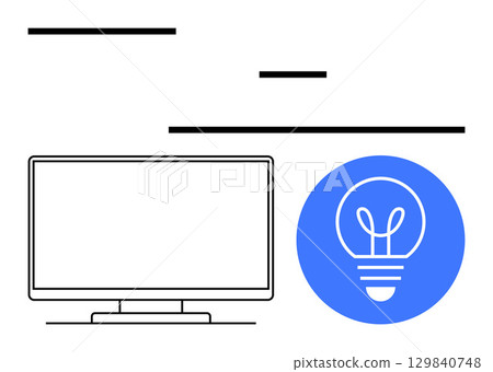 Computer monitor beside light bulb symbol in blue circle, with horizontal writing lines above. Ideal for creativity, innovation, technology, education, idea generation, work environment, digital 129840748