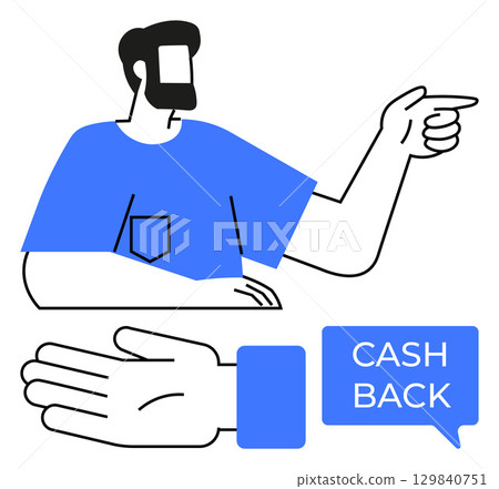 Man with beard pointing right, accompanied by open hand and speech bubble with CASH BACK text. Ideal for finance, promotion, e-commerce, savings, rewards, user experience improvement, customer 129840751