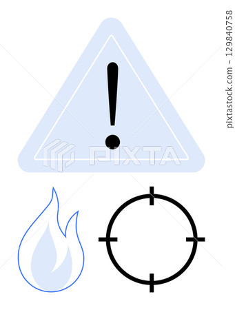 Exclamation mark inside a triangle, blue flame, and black target circle. Ideal for safety, alert notifications, hazard warnings, focus tasks, emergency info attention alerts caution signs. Line Exclamation mark inside a triangle, blue flame, and black target circle. Ideal for safety, alert notifications, hazard warnings, focus tasks, emergency info attention alerts caution signs. Line 129840758