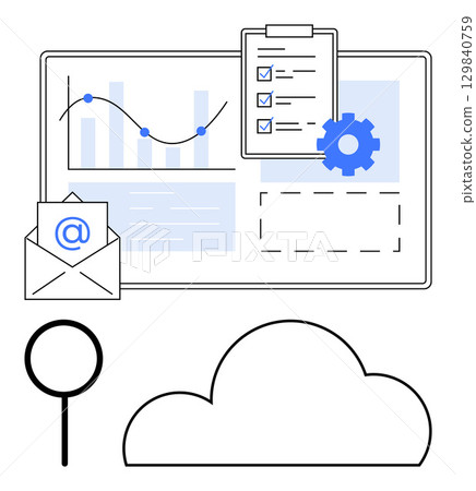 Data analysis graph on screen with checklist, envelope with symbol, settings gear, magnifying glass, and cloud. Ideal for project management, organization, analytics, email marketing cloud 129840759