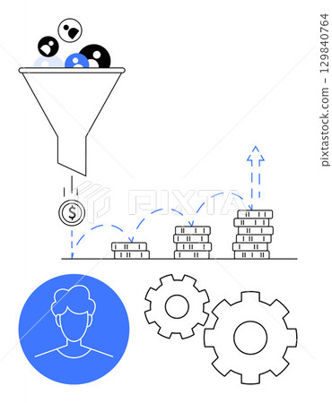 Coins falling from funnel toward stacks of money, user profile in blue circle, and cogwheels. Ideal for marketing, sales, business analysis, finance, conversion optimization, process improvement 129840764