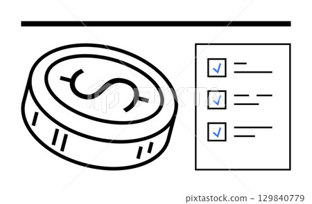 Large coin with dollar sign beside checklist with three checked items and text lines. Ideal for financial management, budgeting, investment planning, business strategy, project management, to-do 129840779