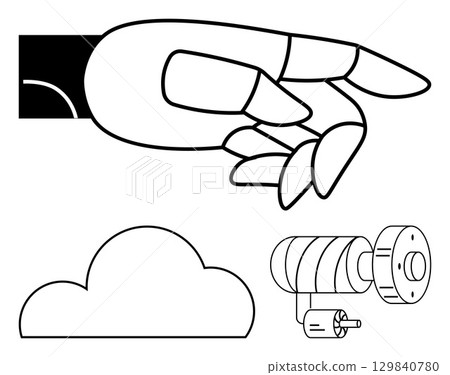 Robotic hand reaching forward, cloud icon below, and cylindrical camera on the side. Ideal for AI concepts, cloud computing, surveillance, robotics, technology, innovation and futuristic designs Robotic hand reaching forward, cloud icon below, and cylindrical camera on the side. Ideal for AI concepts, cloud computing, surveillance, robotics, technology, innovation and futuristic designs 129840780