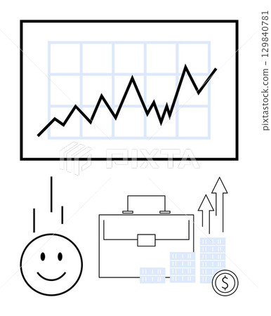 Increasing graph indicating growth, with a smiling face, briefcase, rising arrows, and currency symbol. Ideal for business success, financial growth, investment, employee satisfaction economic 129840781