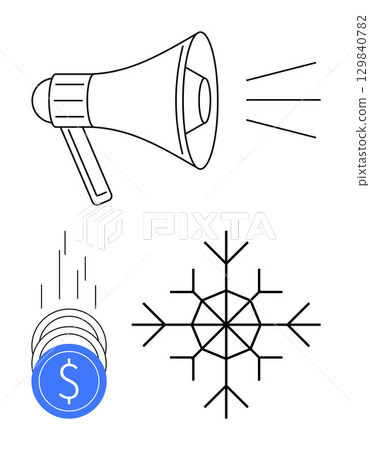 Megaphone emitting sound, coins falling with a dollar symbol, and a stylized snowflake. Ideal for marketing, economics, winter, communication, savings finance and holiday themes. Line metaphor 129840782