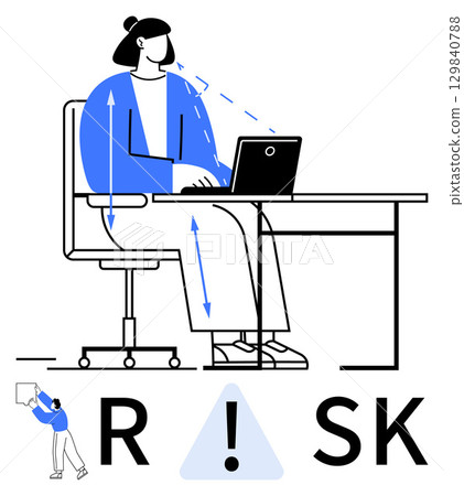 Woman typing on laptop at desk with arrows highlighting posture, alongside the word RISK and an exclamation mark. Ideal for workplace safety, ergonomics, office setup, health awareness, posture 129840788