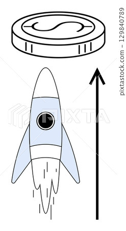 Rocket propelling towards a coin symbolizing financial growth and cryptocurrency potential. Ideal for themes of innovation, finance, technology, progress, investment, cryptocurrency, success. Line Rocket propelling towards a coin symbolizing financial growth and cryptocurrency potential. Ideal for themes of innovation, finance, technology, progress, investment, cryptocurrency, success. Line 129840789