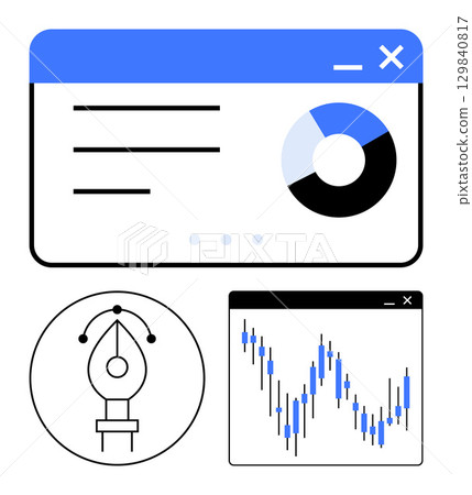 Analytics dashboard with circular chart and text, a line chart indicating stock market fluctuations, and a pen tool icon. Ideal for data analysis, web development, graphic design, business strategy 129840817