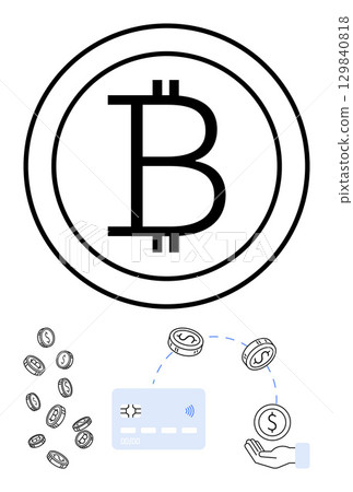Bitcoin symbol above coins flying into a digital payment card, indicating funds transfer to a hand. Ideal for blockchain, fintech, e-commerce, cybersecurity, digital banking, online payments 129840818