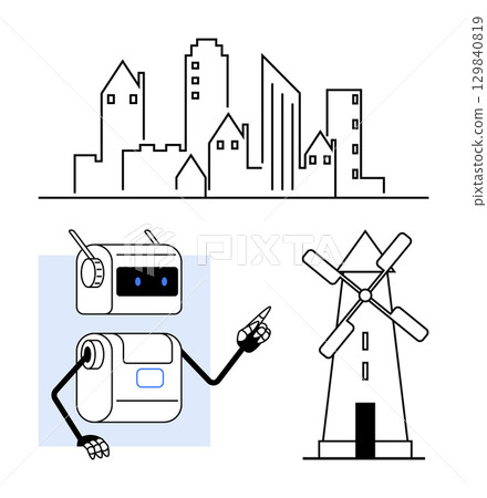 Humanoid robot pointing city skyline, windmill. Ideal for technology, automation, sustainability, future cities, renewable energy, robotics, innovation Line metaphor 129840819