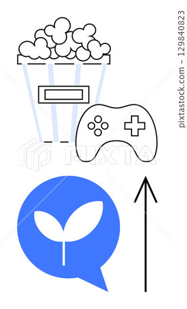 Popcorn bucket, game controller, plant in speech bubble, and upward arrow depict digital entertainment and growth. Ideal for technology, gaming, media, communication, growth sustainability Popcorn bucket, game controller, plant in speech bubble, and upward arrow depict digital entertainment and growth. Ideal for technology, gaming, media, communication, growth sustainability 129840823