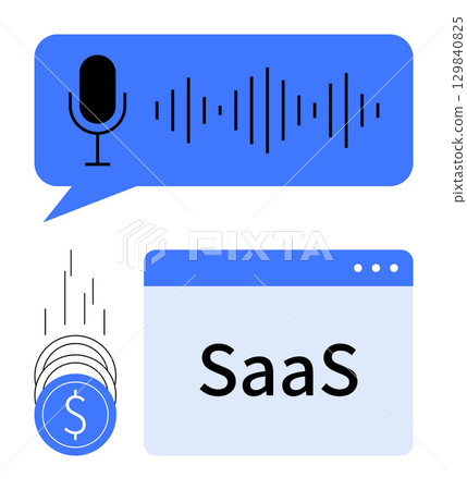 Microphone icon with sound waves in blue speech bubble, coins dropping, and SaaS on browser window. Ideal for technology, software development, SaaS, voice recognition, cost management, data 129840825