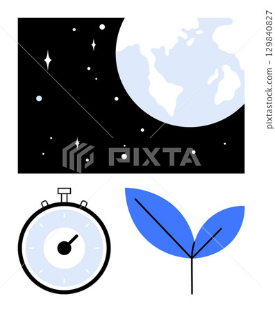 Stars in the night sky with Earth a stopwatch and a blue plant leaf symbolize time growth, and nature. Ideal for sustainability, innovation, cosmos, science, ecology, environment, new beginnings Stars in the night sky with Earth a stopwatch and a blue plant leaf symbolize time growth, and nature. Ideal for sustainability, innovation, cosmos, science, ecology, environment, new beginnings 129840827