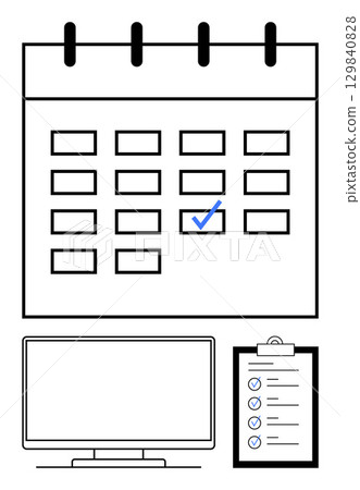 Calendar with a marked date box, checklist on clipboard, and computer monitor. Ideal for planning, scheduling, to-do lists, productivity, office work project management reminders. Line metaphor Calendar with a marked date box, checklist on clipboard, and computer monitor. Ideal for planning, scheduling, to-do lists, productivity, office work project management reminders. Line metaphor 129840828
