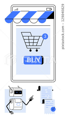 Mobile phone screen with shopping cart, buy button, and notification. Robot assistant pointing at receipt checklist. Ideal for e-commerce, technology, automation, shopping, digital transactions, AI Mobile phone screen with shopping cart, buy button, and notification. Robot assistant pointing at receipt checklist. Ideal for e-commerce, technology, automation, shopping, digital transactions, AI 129840829