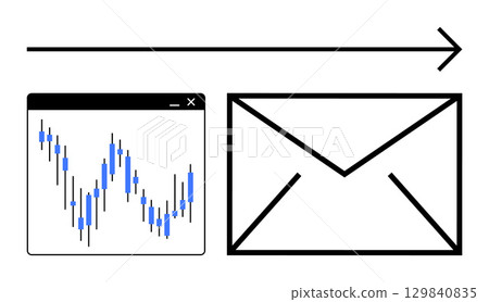Financial chart on webpage next to envelope and arrow icon. Ideal for digital communication, financial updates, market analysis, email alerts, finance, stock trading, investment tips. Line metaphor 129840835