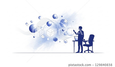 A minimalist watercolor illustration of futuristic intelligence and humans working together 129840838
