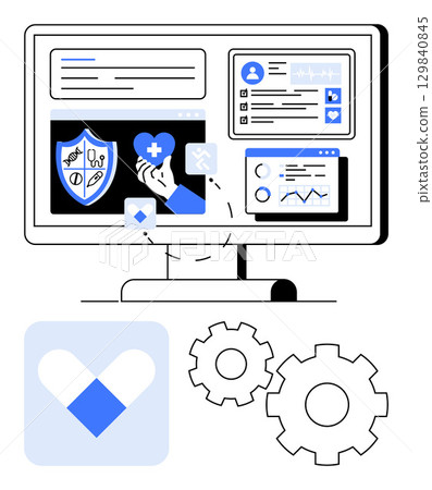 Computer monitor displaying health dashboard with medical data, charts, shield, and a hand holding a heart icon. Ideal for healthcare, telemedicine, patient management, medical records, health apps 129840845