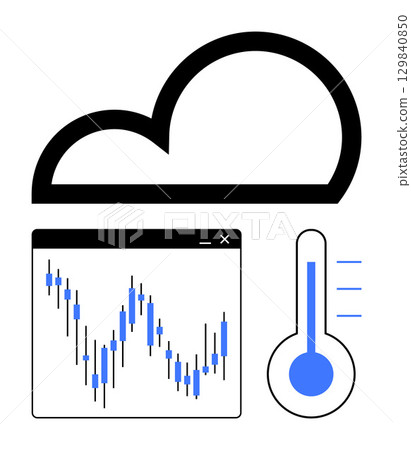 Cloud icon, real-time financial graph, and thermometer with blue temperature bar. Ideal for tech, finance, weather forecasting, data analysis, cloud storage, digital monitoring educational 129840850