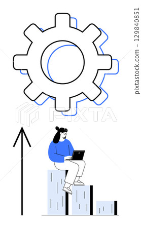 Woman working on laptop seated on bar graph with upward arrow and large gear symbol above her head. Ideal for productivity, growth, development, progress, business success, technology, efficiency Woman working on laptop seated on bar graph with upward arrow and large gear symbol above her head. Ideal for productivity, growth, development, progress, business success, technology, efficiency 129840851