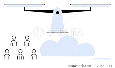 Balance scale atop cloud and group of people emphasizing equality decision-making, justice, fairness, societal balance, and choices. Ideal for law, business, management, community, education 129840854
