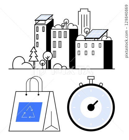 Modern cityscape with solar-paneled buildings, trees, and a recycle shopping bag. Includes a stopwatch. Ideal for eco-friendly, urban planning, renewable energy, time management, sustainability Modern cityscape with solar-paneled buildings, trees, and a recycle shopping bag. Includes a stopwatch. Ideal for eco-friendly, urban planning, renewable energy, time management, sustainability 129840869