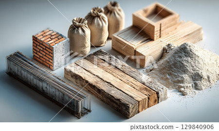 Set of construction materials including bricks, steel, wood, and cement. architecture and building use. 129840906
