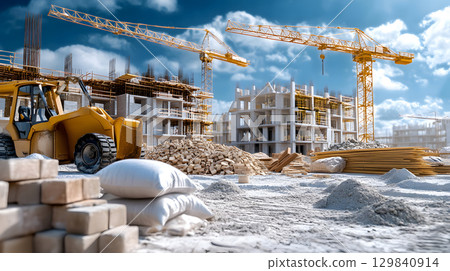 Set of construction materials including bricks, steel, wood, and cement. architecture and building use. 129840914