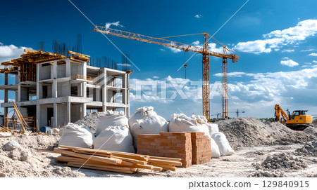 Set of construction materials including bricks, steel, wood, and cement. architecture and building use. 129840915