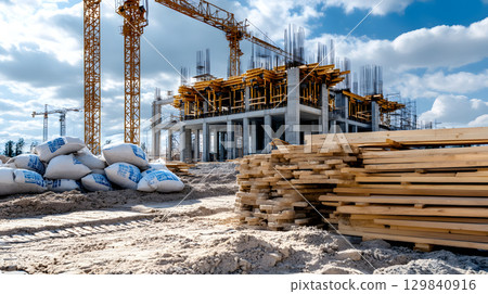 Set of construction materials including bricks, steel, wood, and cement. architecture and building use. Set of construction materials including bricks, steel, wood, and cement. architecture and building use. 129840916