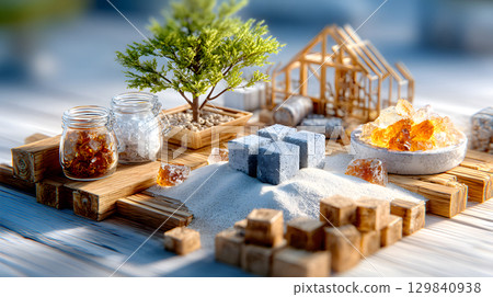 Set of construction materials including bricks, steel, wood, and cement. architecture and building use. 129840938