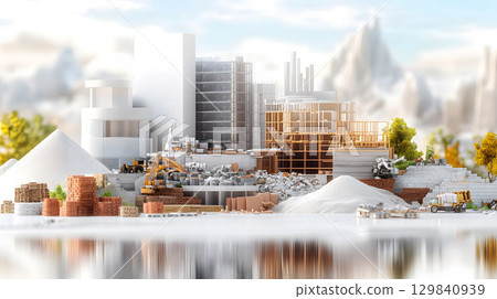 Set of construction materials including bricks, steel, wood, and cement. architecture and building use. 129840939