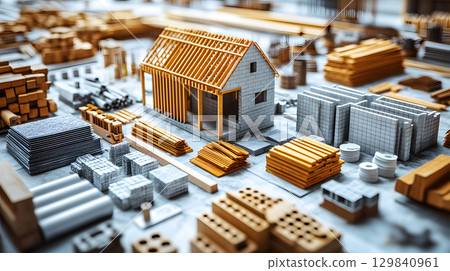Set of construction materials including bricks, steel, wood, and cement. architecture and building use. 129840961